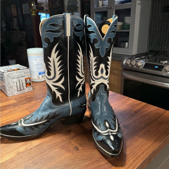 Lucchese Other - Lucchese double eagle custom handmade Black, Blue & White Western Cowboy Boots